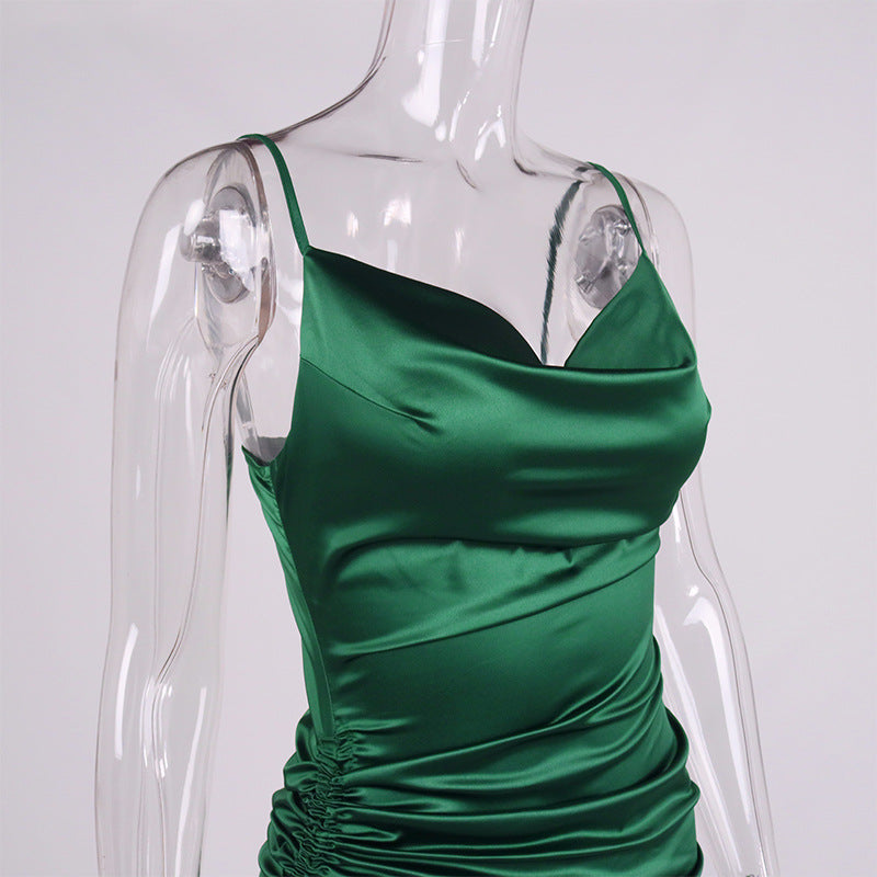 Solid Color Pleated Slit Pleated Sling Dress