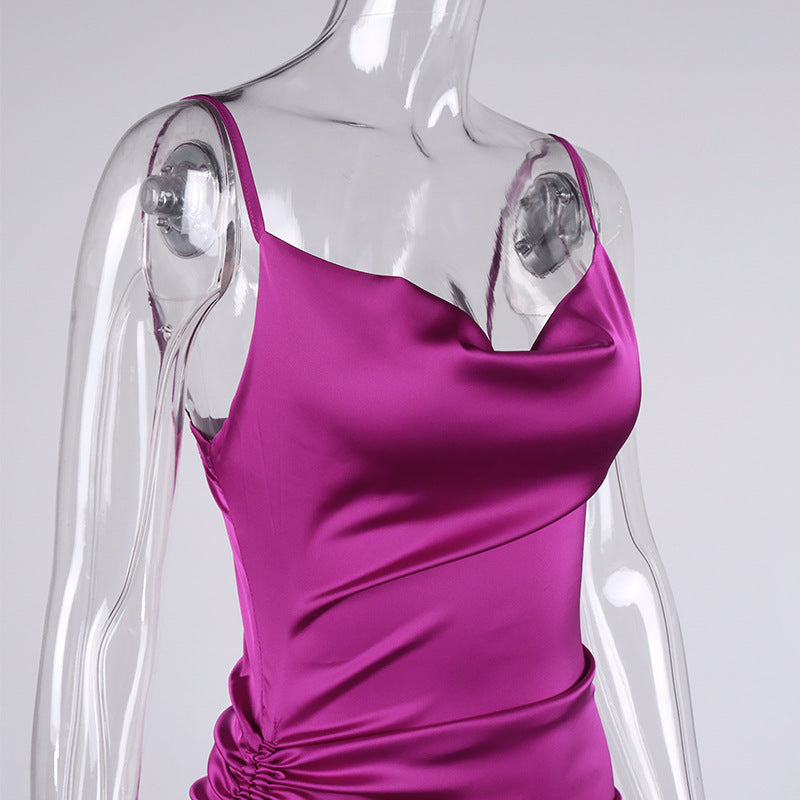 Solid Color Pleated Slit Pleated Sling Dress