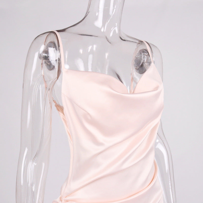 Solid Color Pleated Slit Pleated Sling Dress