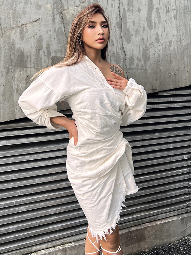 VIVID Elegant Slash Neck Solid Shirt Tassel Dress