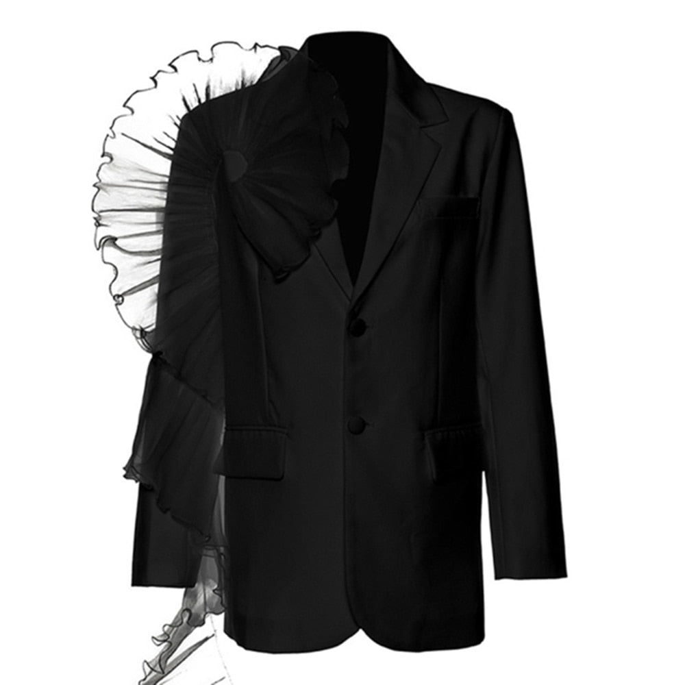 Asymmetrical Patchwork Ruffle Trim Solid Blazers