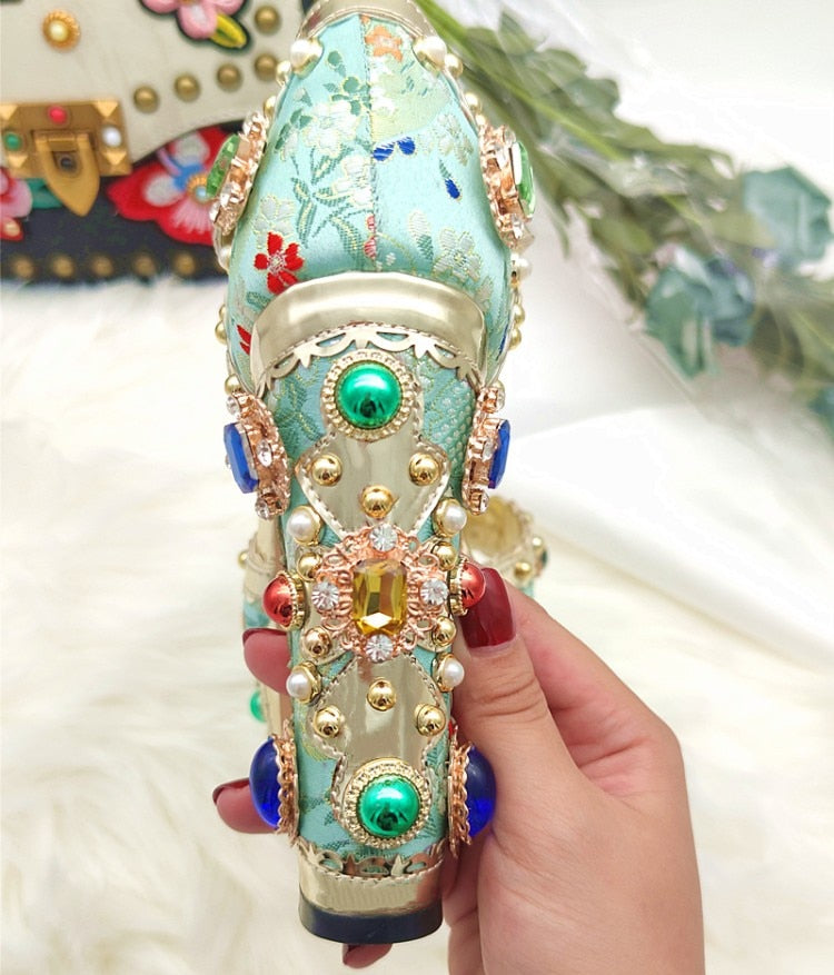 Baroque Style Jacquard Cloth Blue Platform Crystal High Heels