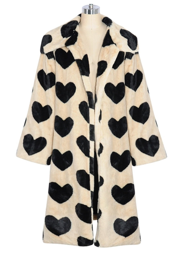 Warm Faux Fur Coat Love Pattern Women Long Coat