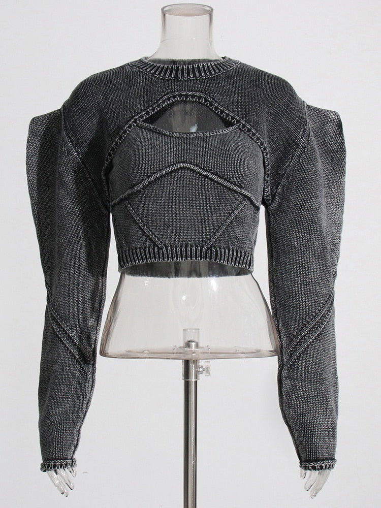 Denim Square Collar Knitting Top Set
