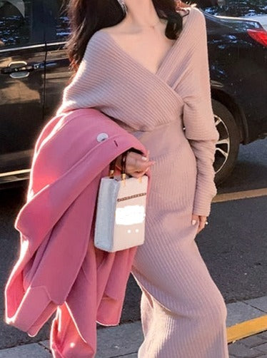 Off Shoulder Long Knitting Sweater Dress