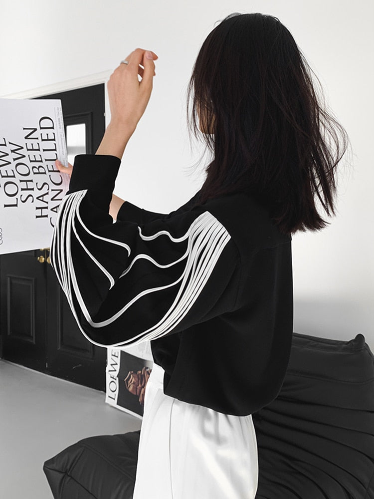 VIVIANNA Lapel Lantern Sleeve Straight Patchwork Shirt