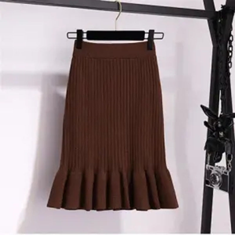 Solid Elastic Mermaid Knitting Ribbed Skirt