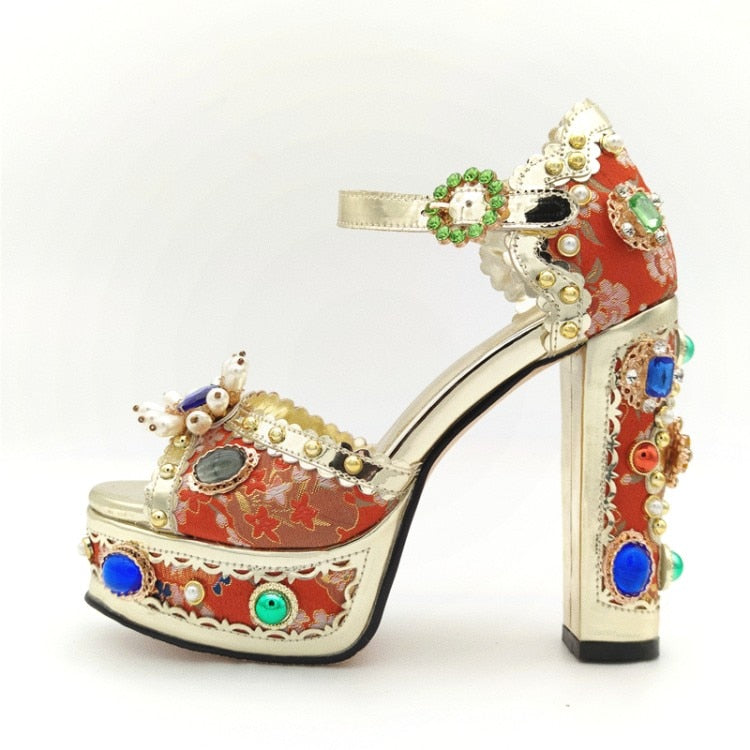 Baroque Style Jacquard Cloth Blue Platform Crystal High Heels
