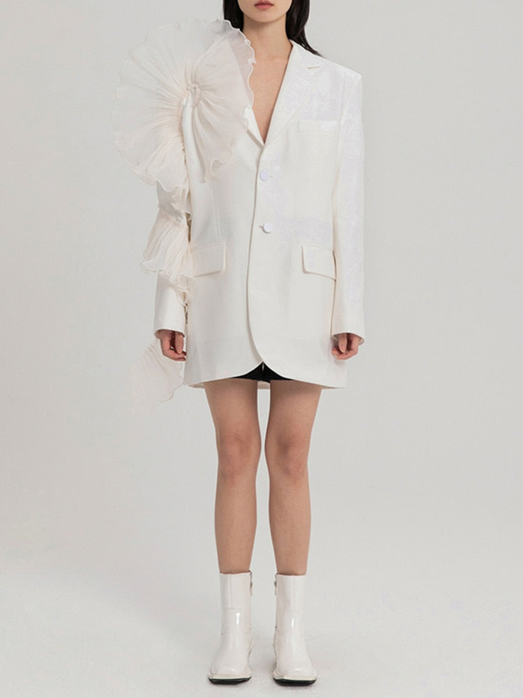Asymmetrical Patchwork Ruffle Trim Solid Blazers