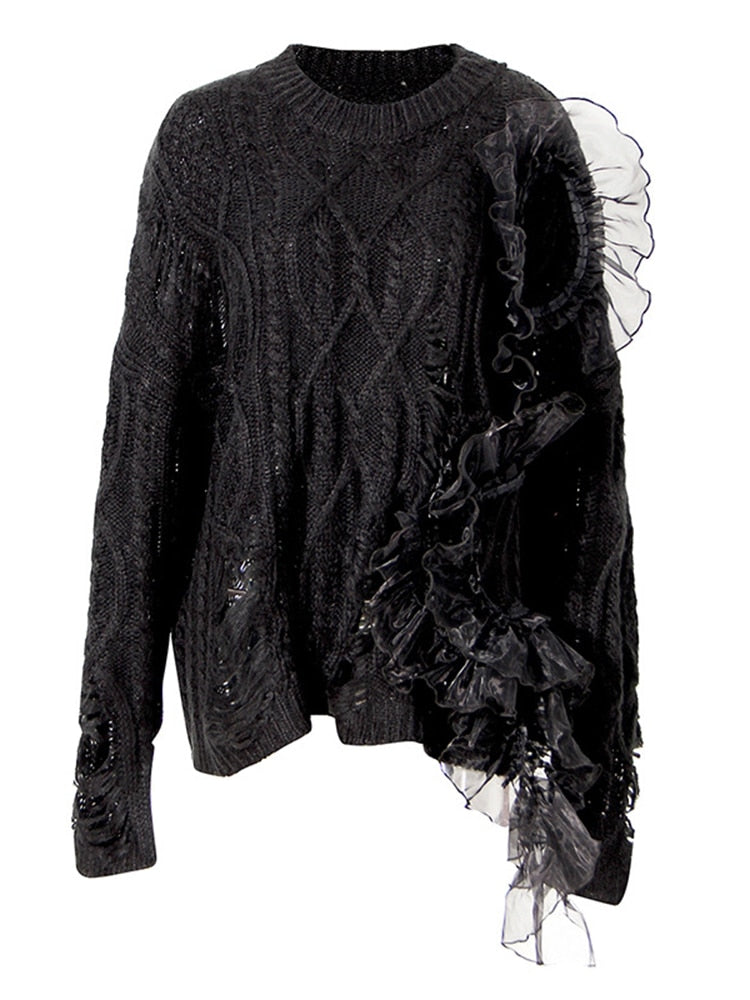 Hole Hollow Out Patchwork Mesh Knitting Sweater