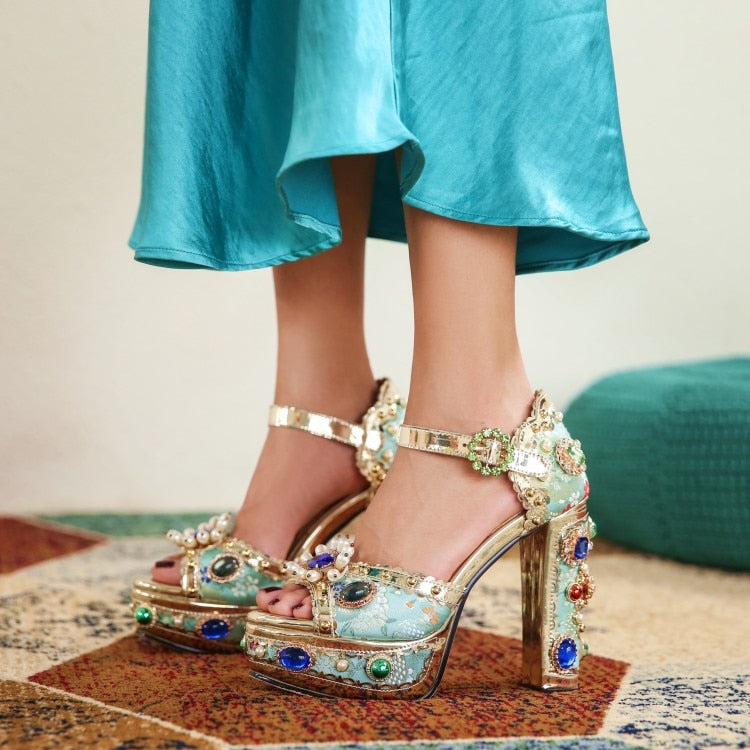 Baroque Style Jacquard Cloth Blue Platform Crystal High Heels