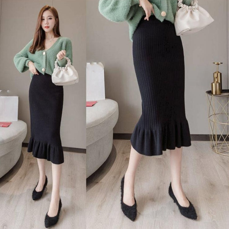 Solid Elastic Mermaid Knitting Ribbed Skirt