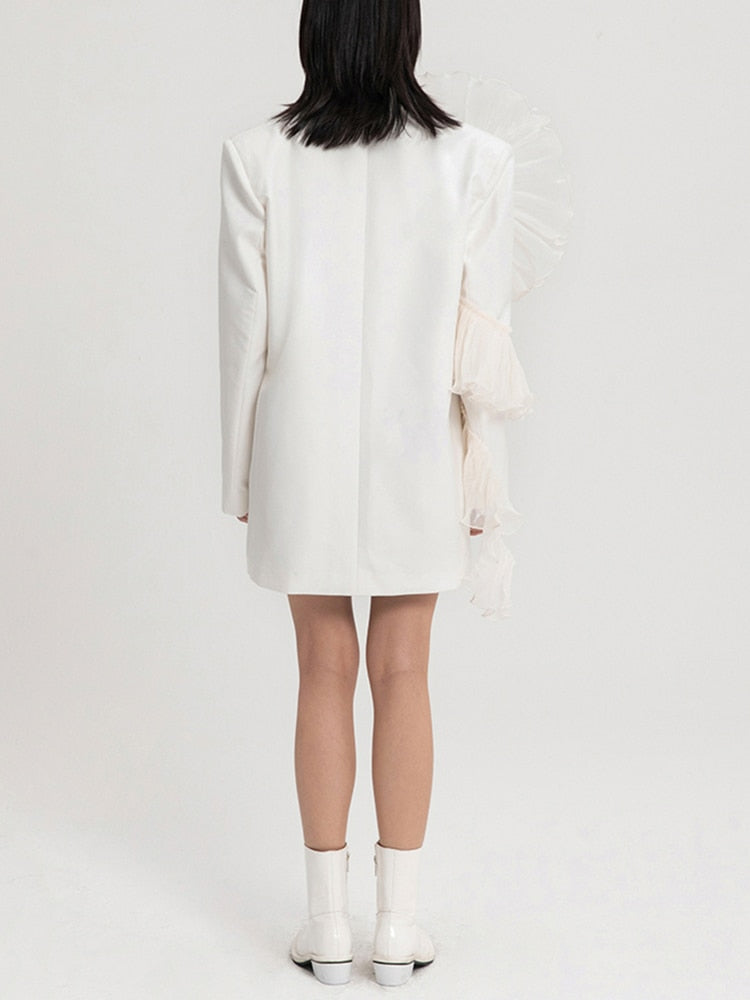 Asymmetrical Patchwork Ruffle Trim Solid Blazers