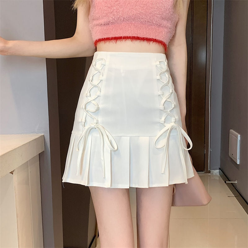 High Waist Pleated Bow Strap Mini Skirts