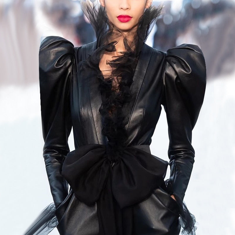 V Neck Puff Bow Patchwork Mesh PU Leather Coat