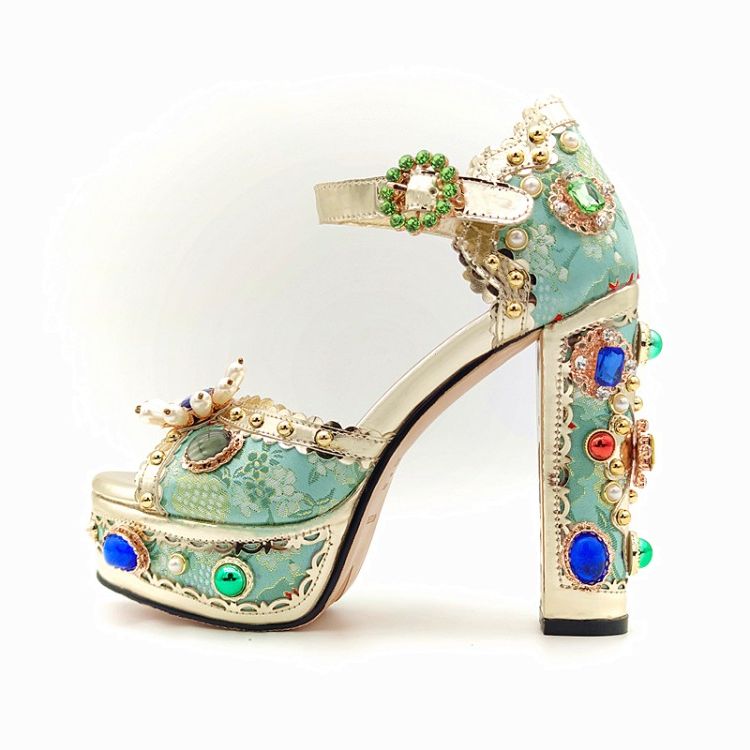 Baroque Style Jacquard Cloth Blue Platform Crystal High Heels