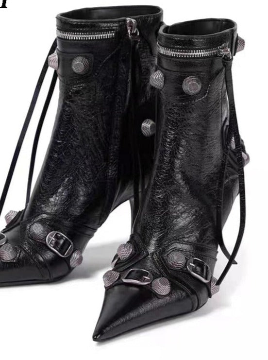 Fashion City Retro Metal Buckle Rivet Side Zipper High Heel Ankle Boots