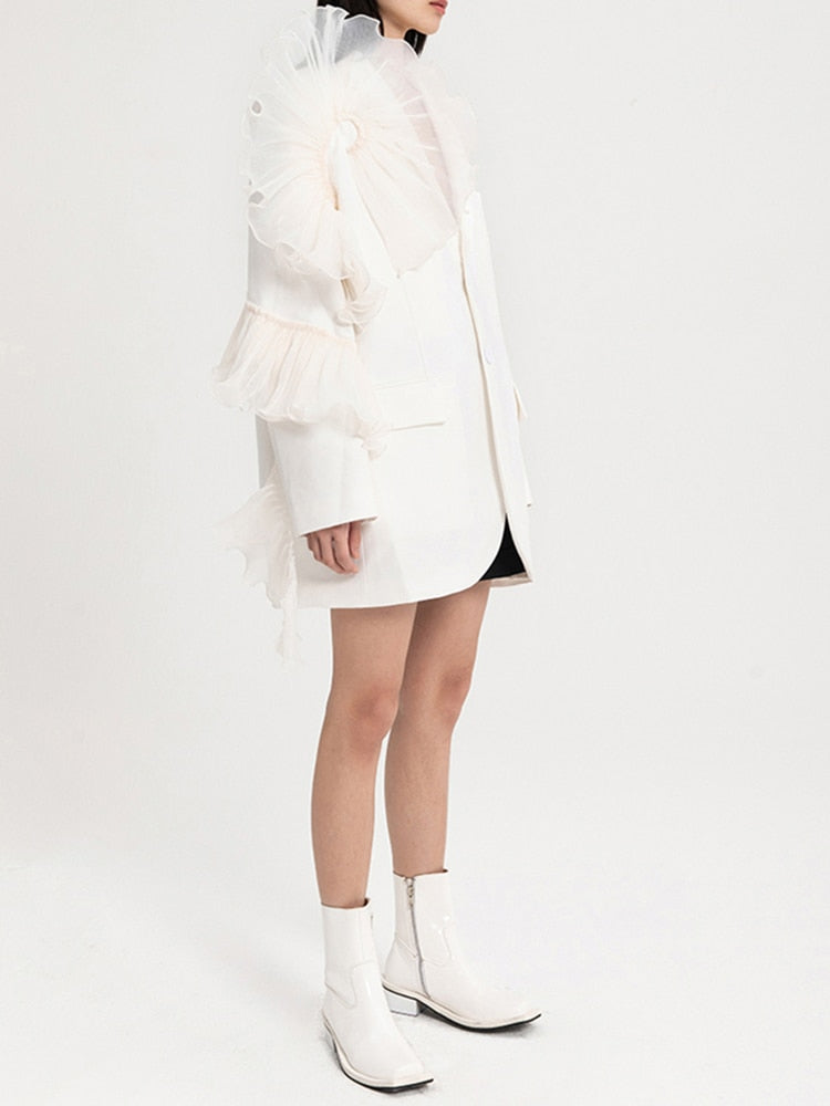 Asymmetrical Patchwork Ruffle Trim Solid Blazers