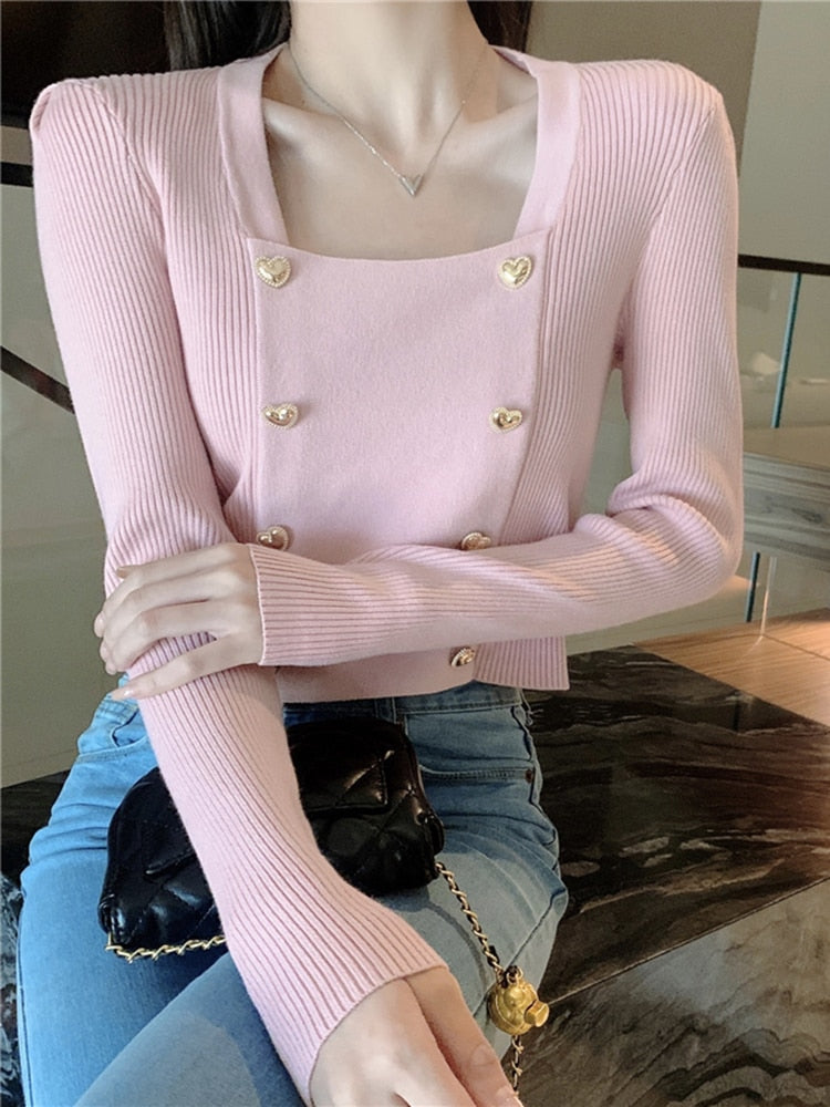 Square Collar Crop Love Button Top Knitted Sweater