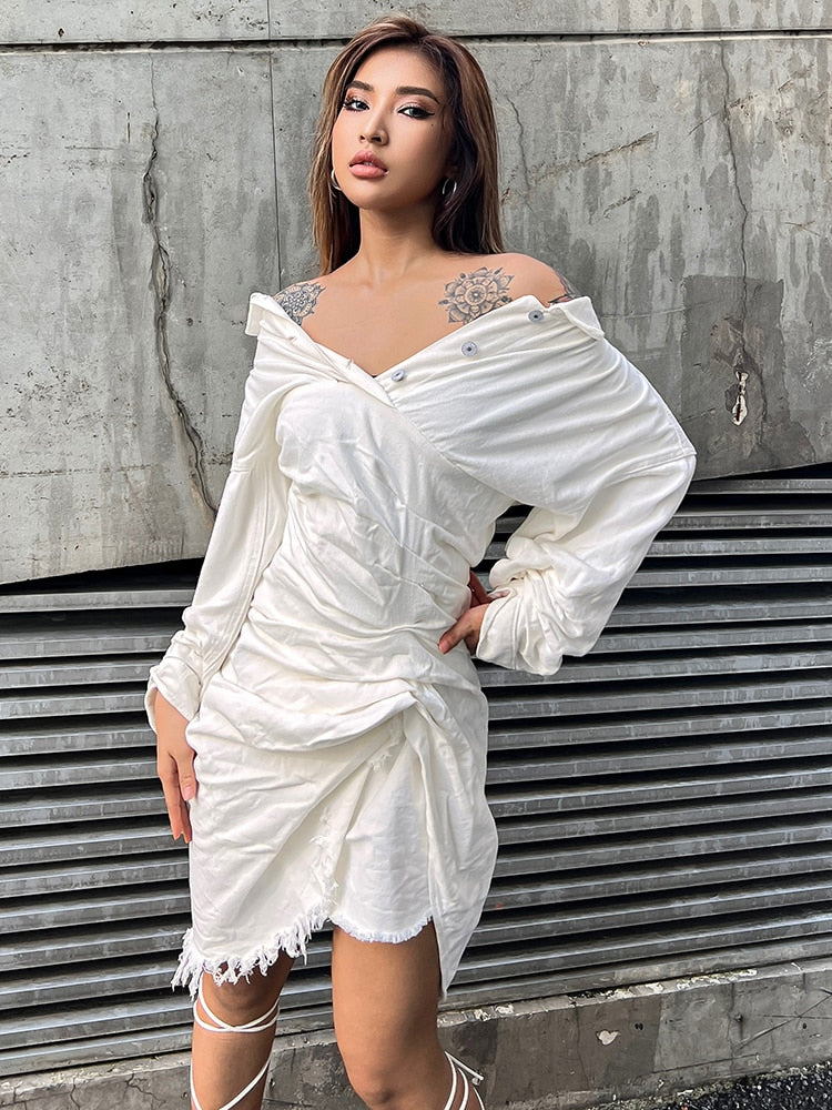 VIVID Elegant Slash Neck Solid Shirt Tassel Dress