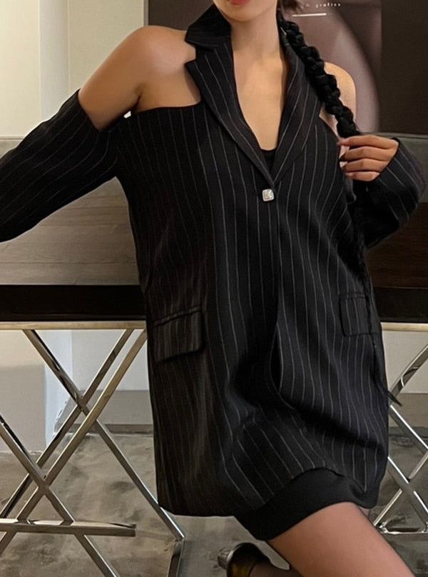 Off Shoulder Streetwear Lapel Striped Single Breasted Blazers