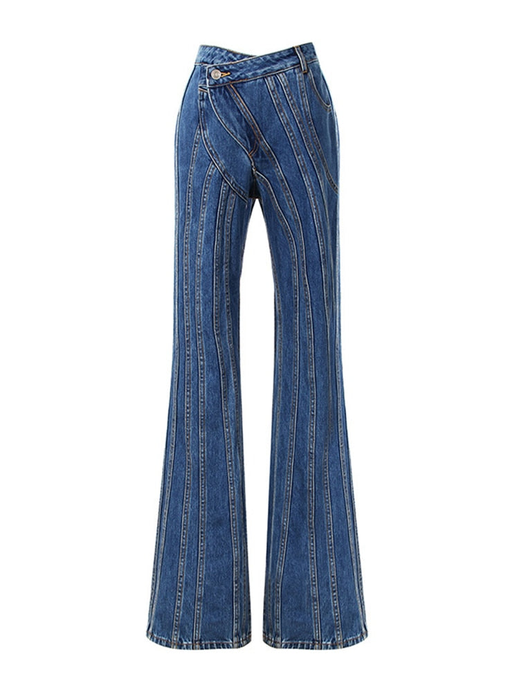 VIVIANNA High Waist Irregular Striped Denim Pants