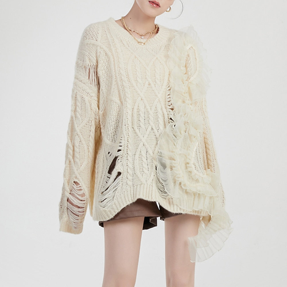 Hole Hollow Out Patchwork Mesh Knitting Sweater
