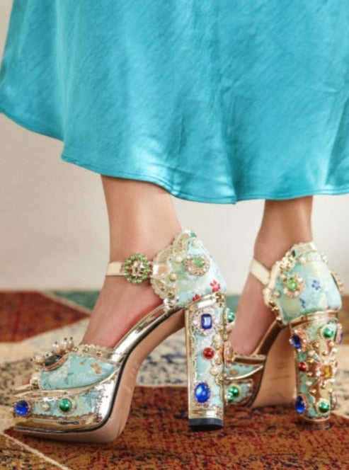 Baroque Style Jacquard Cloth Blue Platform Crystal High Heels