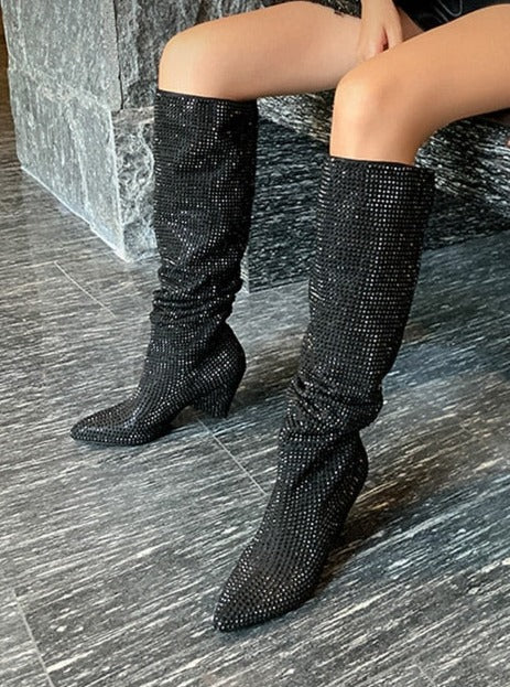 V-Bling Silver Crystal Knee High Glitter Rhinestone Boots