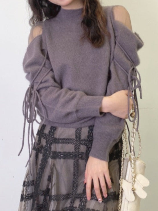 V-Sweet Gauze Patchwork Off Shoulder Bandage Knitted Sweater