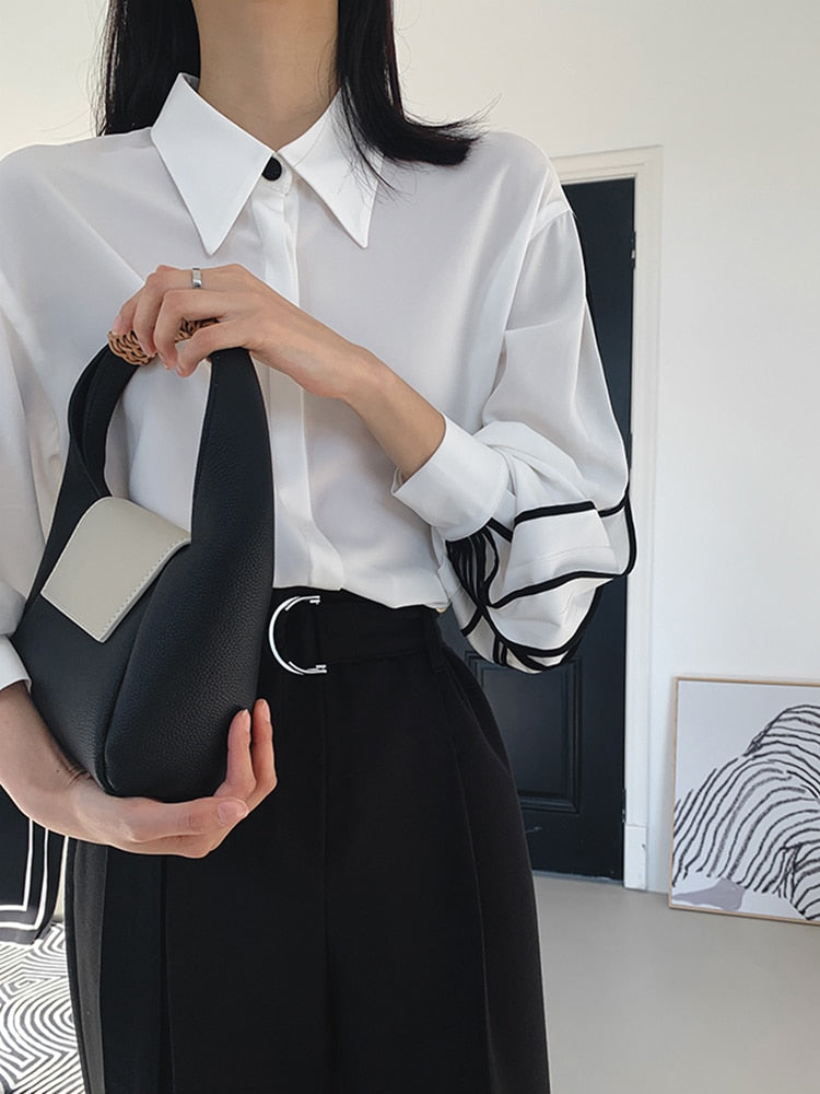VIVIANNA Lapel Lantern Sleeve Straight Patchwork Shirt