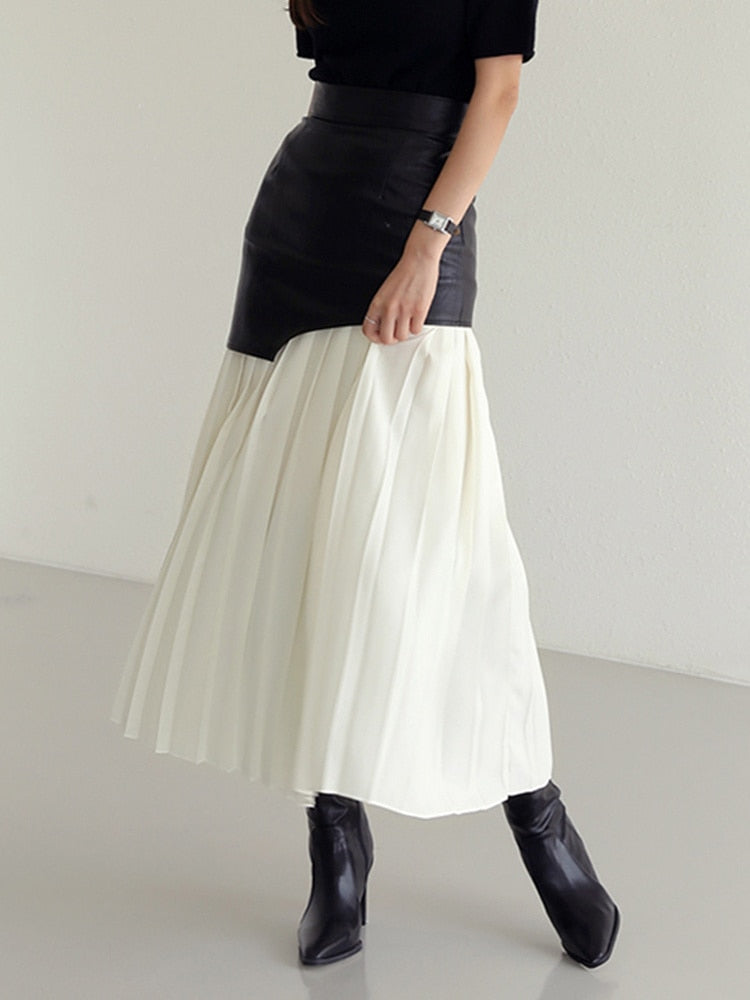 High Waist Patchwork Pu Midi Folds Pleated Skirts