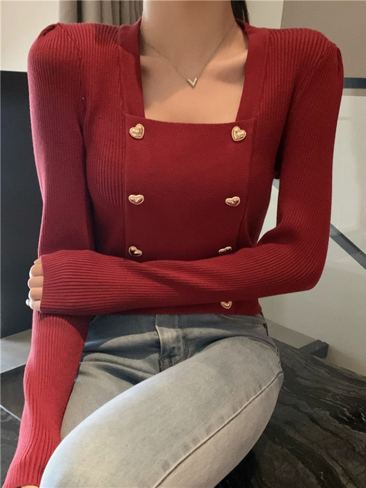 Square Collar Crop Love Button Top Knitted Sweater