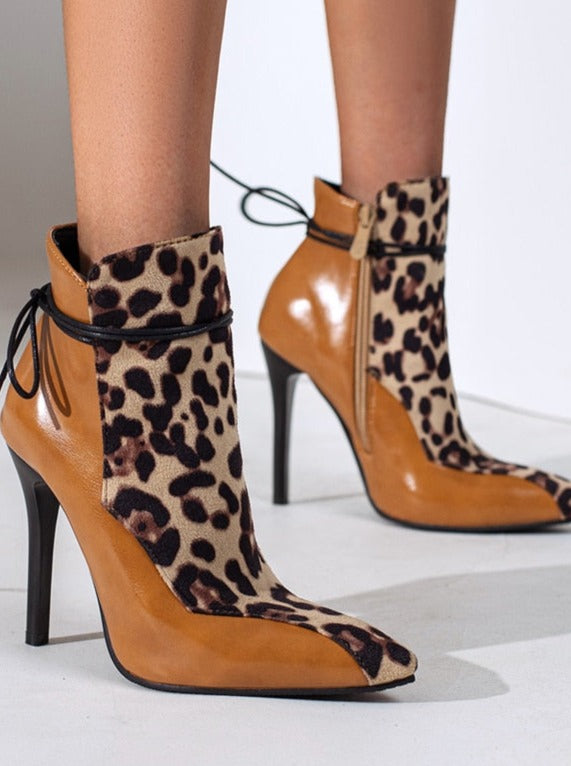 Leopard Splicing Lace Up High Heel Ankle Boots
