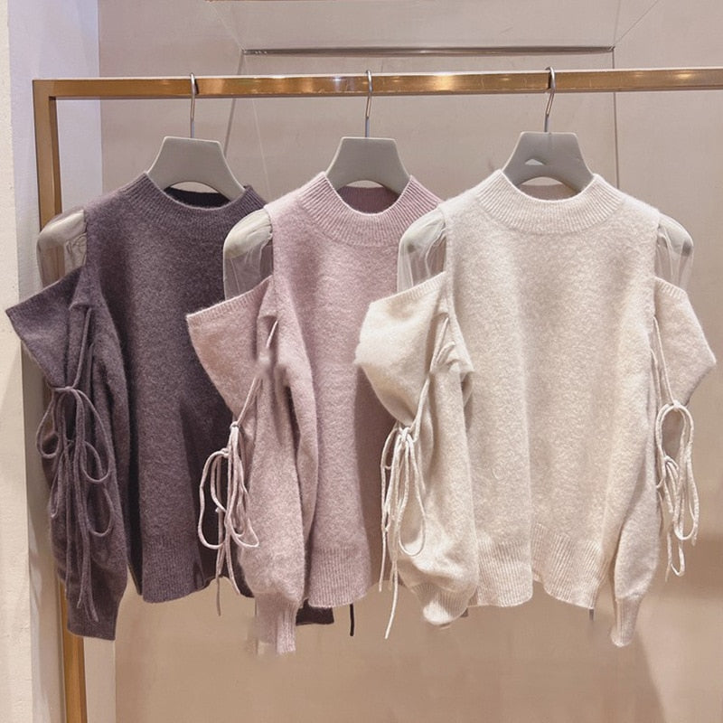 V-Sweet Gauze Patchwork Off Shoulder Bandage Knitted Sweater