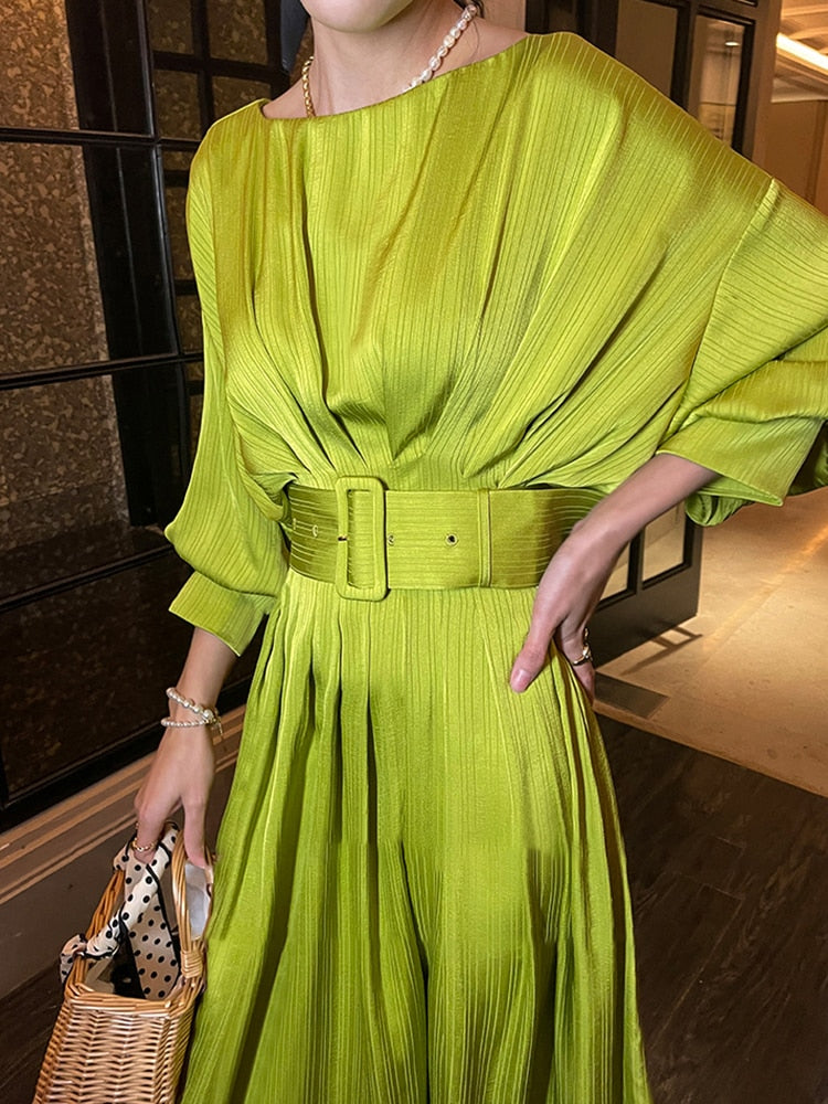 Slash Neck Lantern Sleeve Sashes Lace Up Midi Dresses