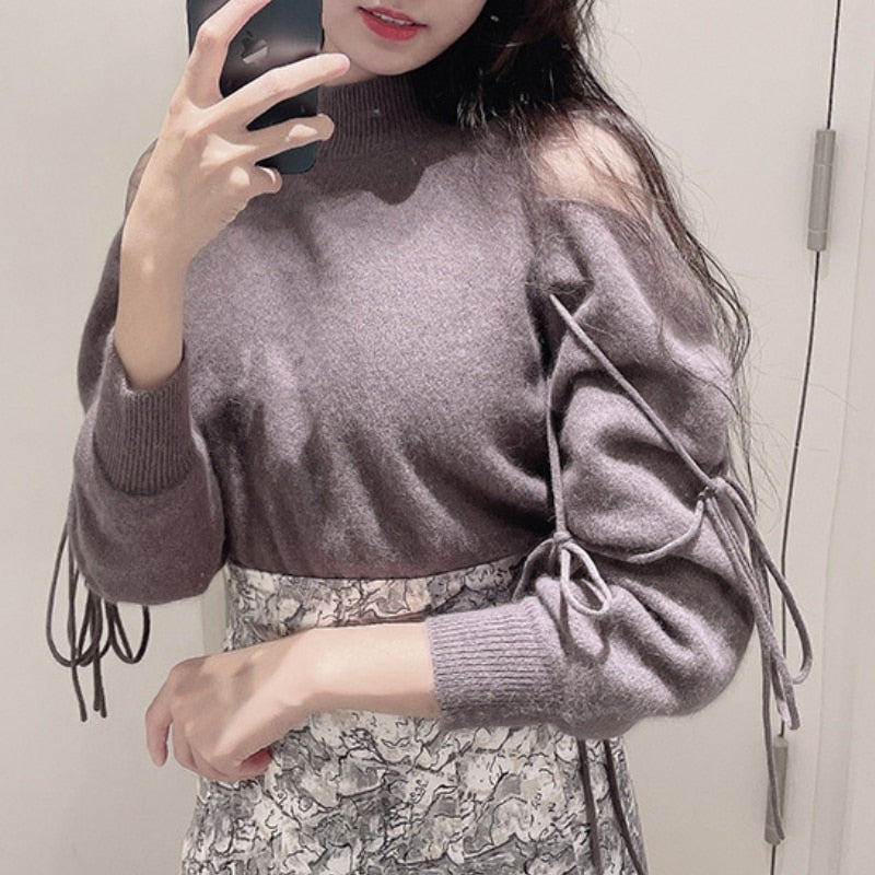 V-Sweet Gauze Patchwork Off Shoulder Bandage Knitted Sweater