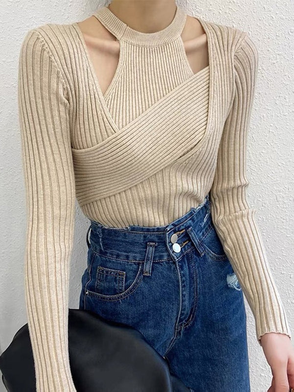 Round Neck Sleeveless Tank Tops and Irregular Collar Long Sleeve Solid Sweater Two Piece Set