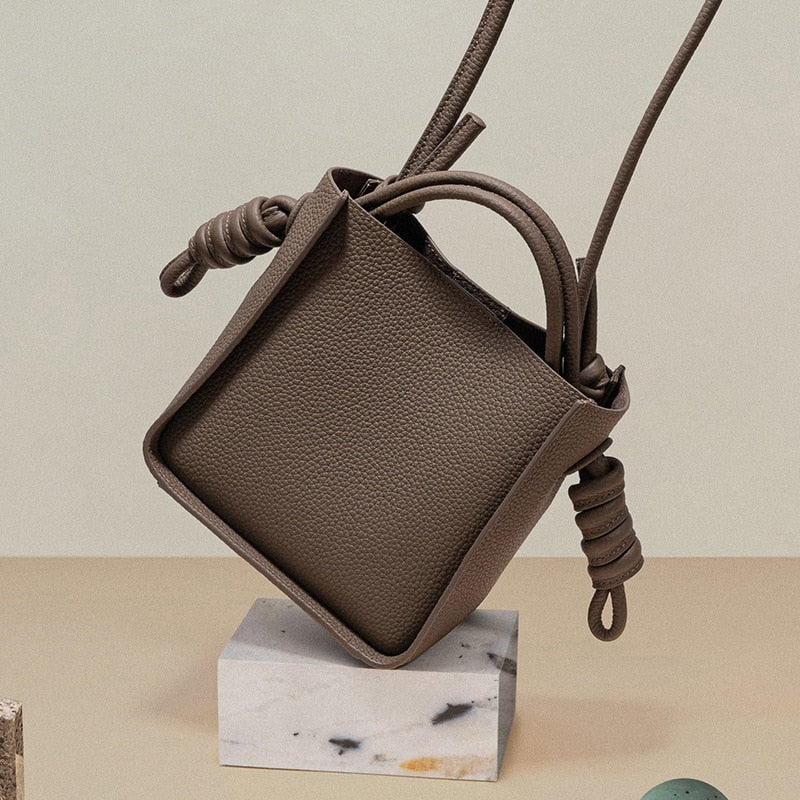 Genuine Leather Bucket Braided Rope Crossbody Bag