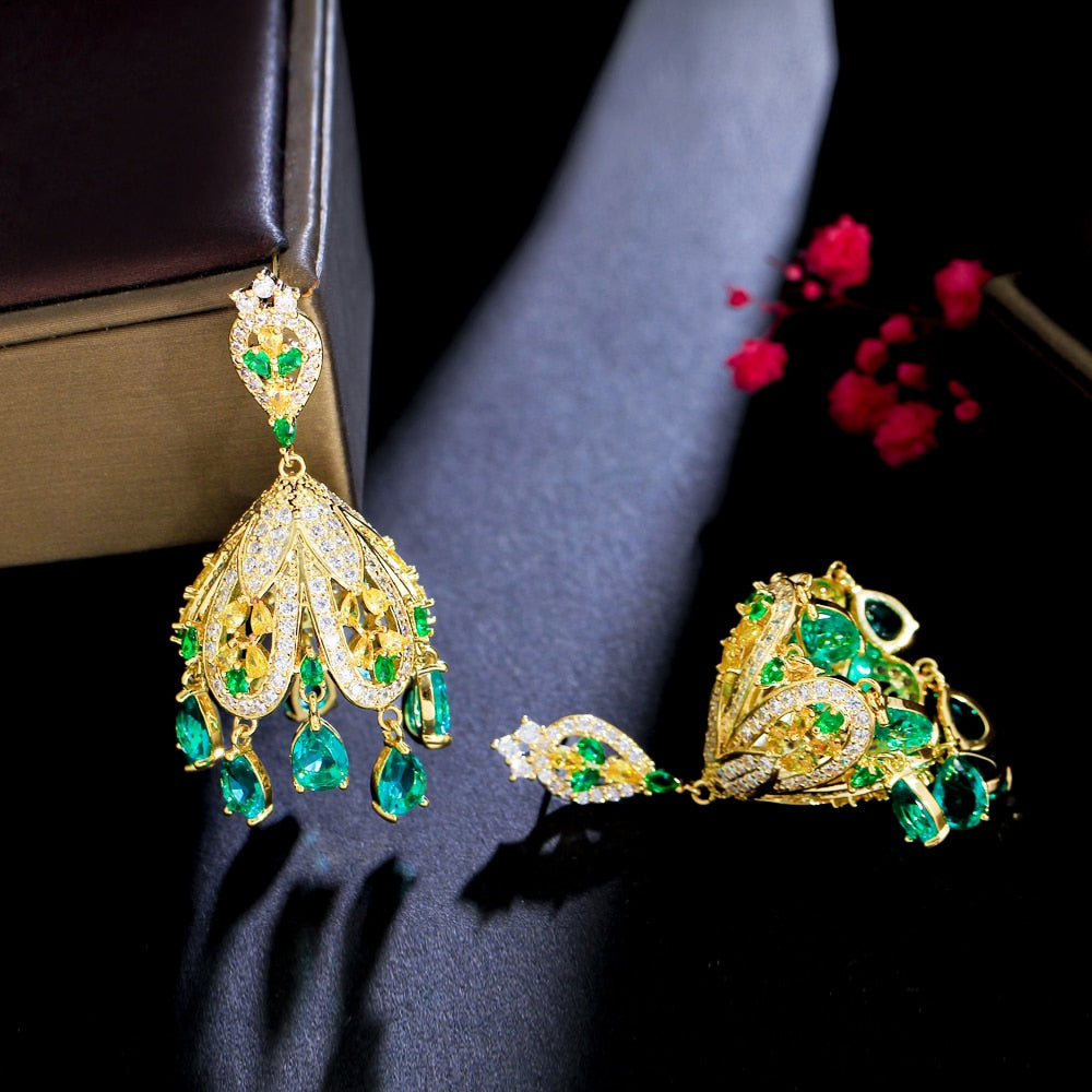 Fringed Green Dangle Drop Cubic Zircon Gold Plated Earrings
