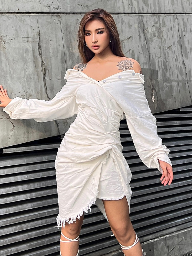 VIVID Elegant Slash Neck Solid Shirt Tassel Dress