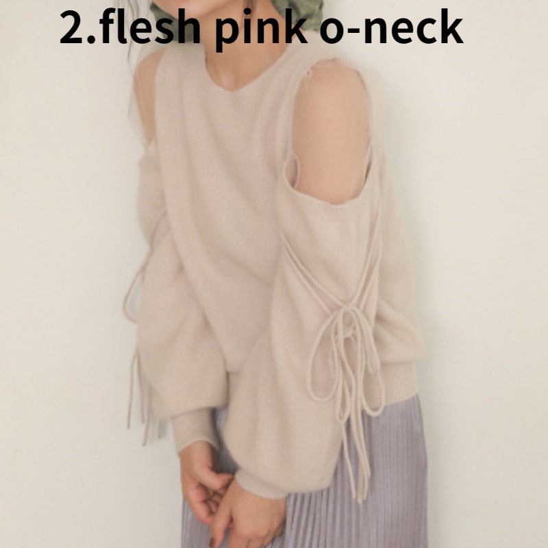 V-Sweet Gauze Patchwork Off Shoulder Bandage Knitted Sweater