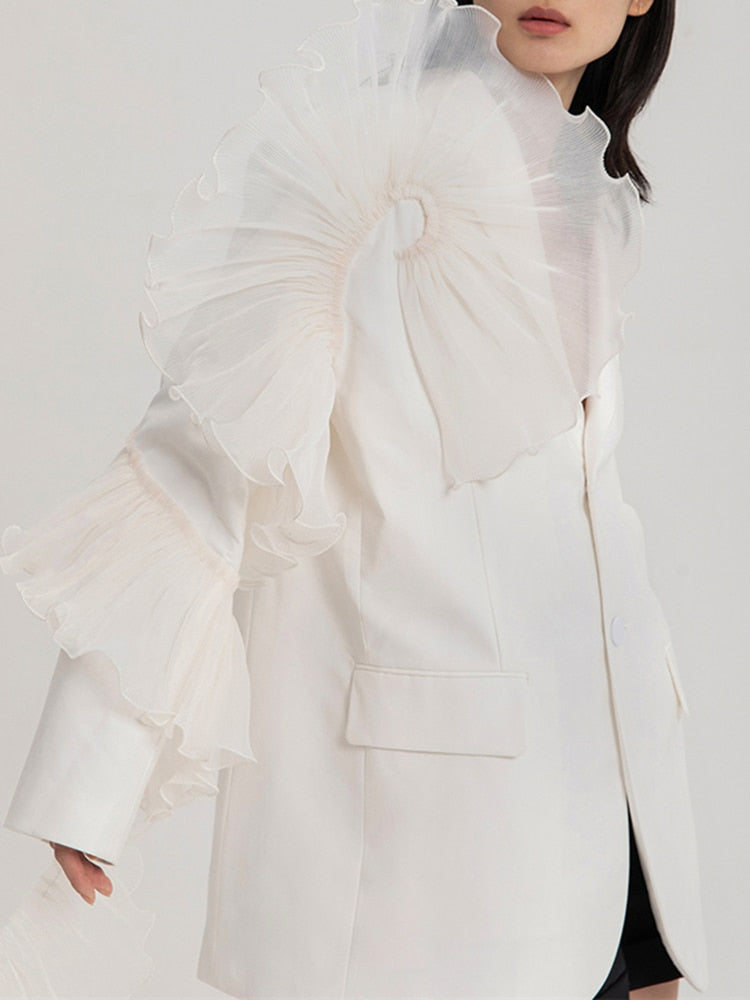 Asymmetrical Patchwork Ruffle Trim Solid Blazers
