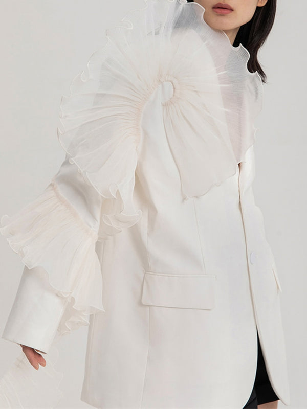 Asymmetrical Patchwork Ruffle Trim Solid Blazers