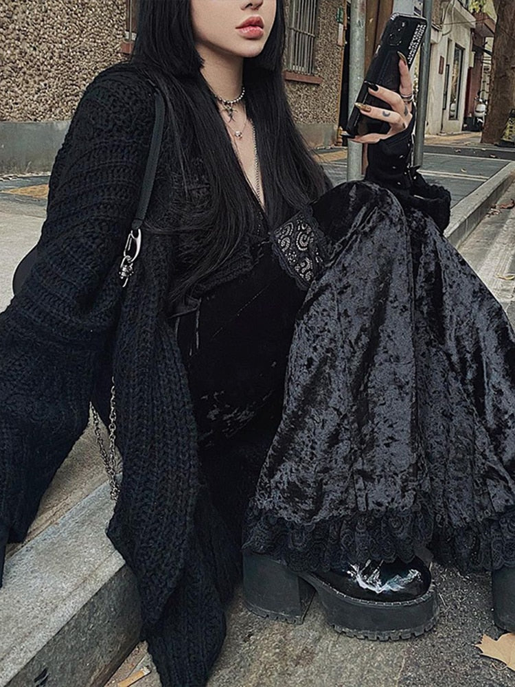 High Waist Flared Pants Aesthetic Sexy Lace Patchwork Trousers