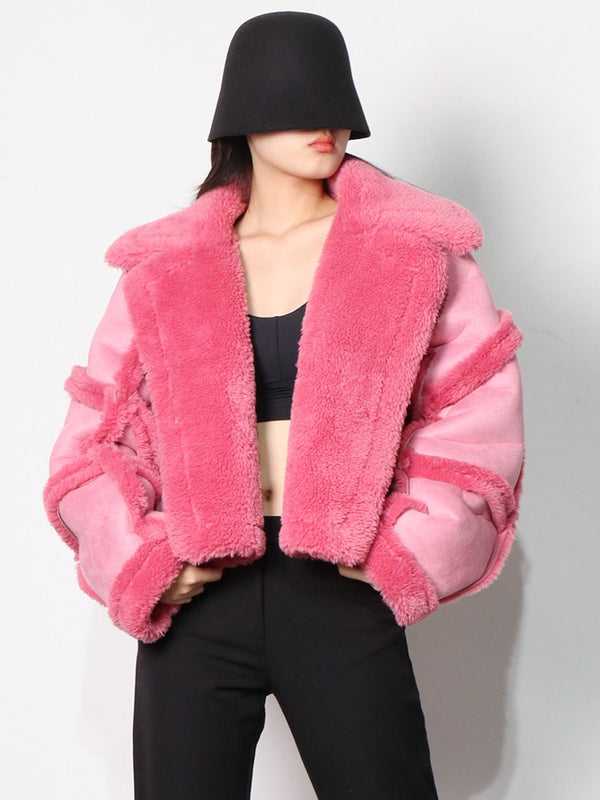 Colorblock Lapel Lambswool Jacket  Casual Short Coat