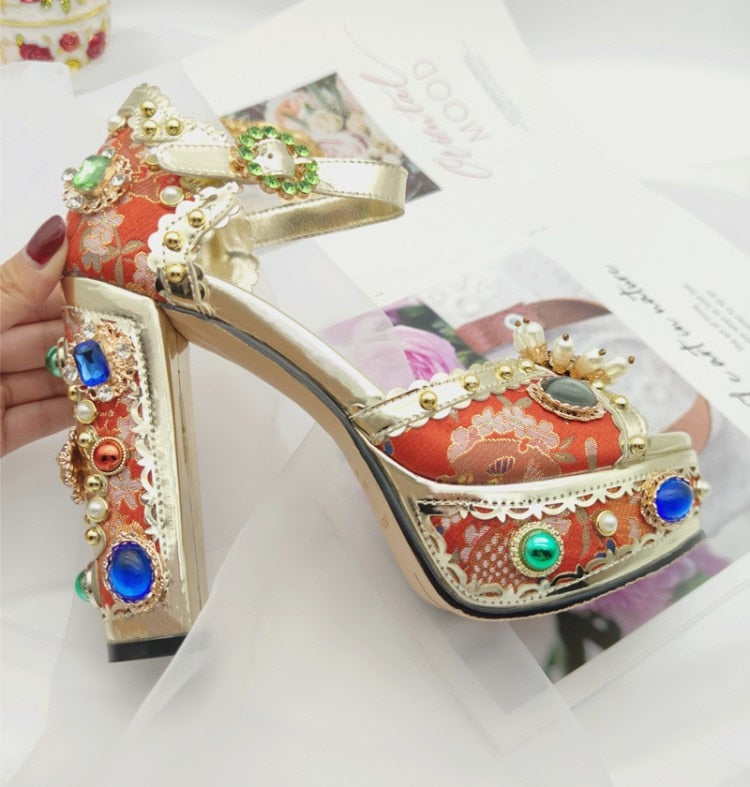 Baroque Style Jacquard Cloth Blue Platform Crystal High Heels