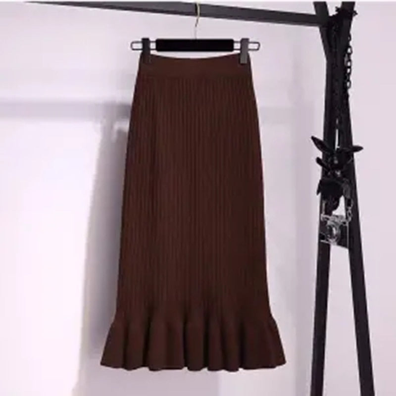 Solid Elastic Mermaid Knitting Ribbed Skirt