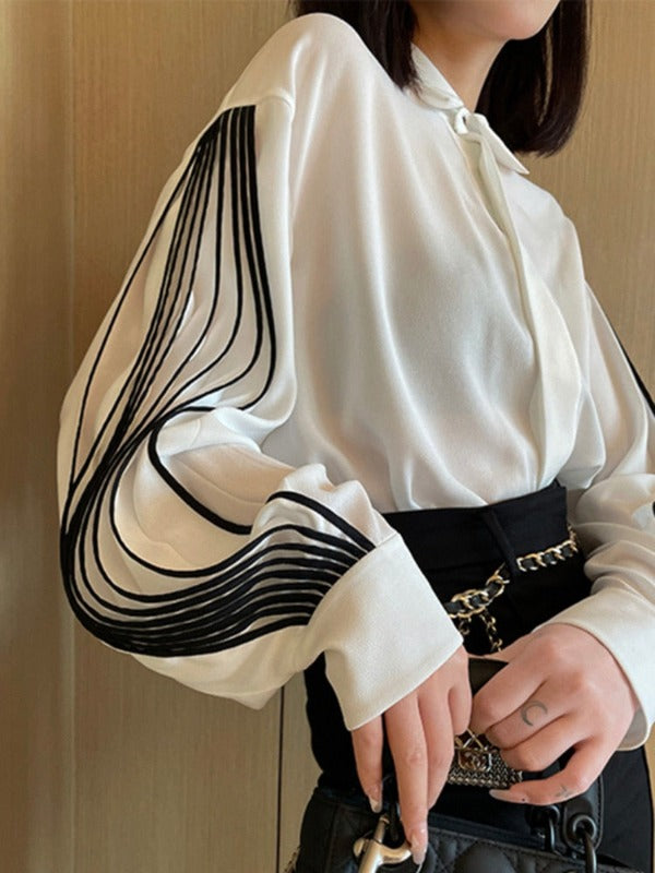 VIVIANNA Lapel Lantern Sleeve Straight Patchwork Shirt