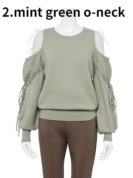 V-Sweet Gauze Patchwork Off Shoulder Bandage Knitted Sweater